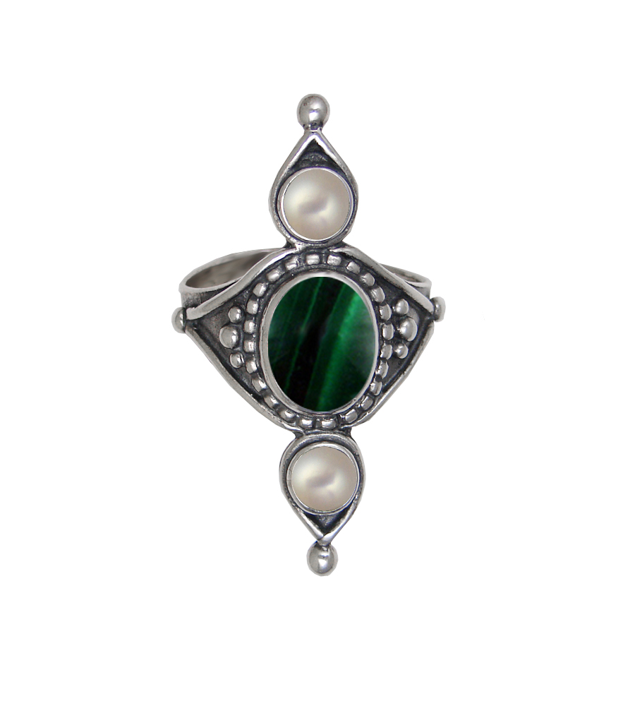 Sterling Silver Royal Ring With Malachite And Cultured Freshwater Pearl Size 7